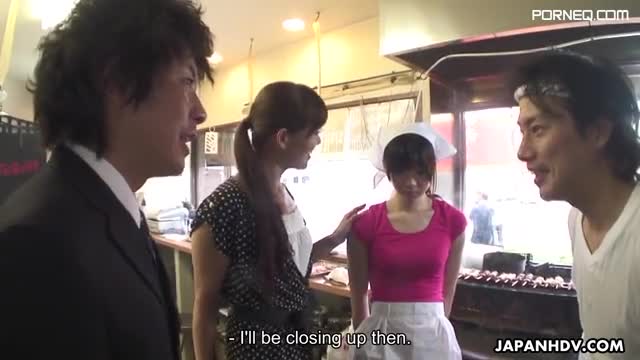 3some in yakitori food truck with Akubi Yumemi and Hitomi Kanou
