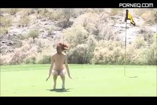Meghan is walking and jumping naked at the golf court