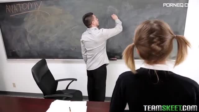Naughty schoolgirl blonde with pigtails fucks his teacher until he cums in her ass
