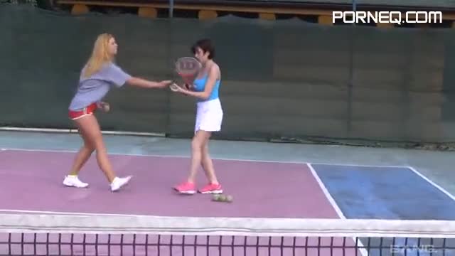 Two classy lesbian chicks stop playing tennis only to get