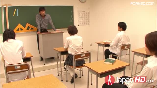 Asian coed Akina Hara gets toyed and facialized by a teacher and studs