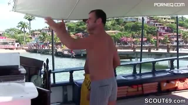 Hot brunette enjoys mmf threesome fuck on the yacht