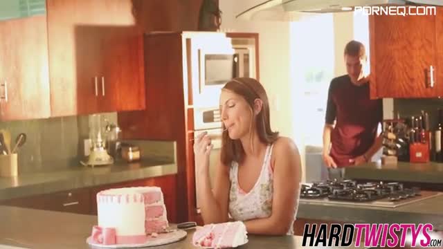Beauty August Ames and her BF entwine hot bodies in kitchen