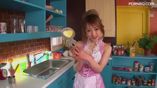 Sexy Japanese housewife sucks off her man in the kitchen