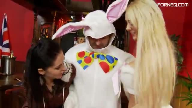Tony James puts on a rabbit outfit to fuck two babes at once