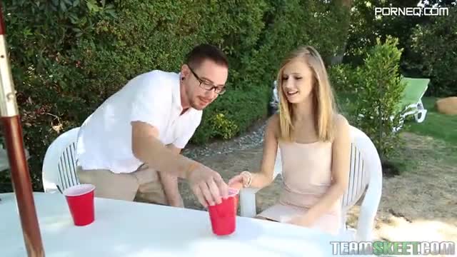 Small boobed blonde Rachel James gets creampied on the chair outside